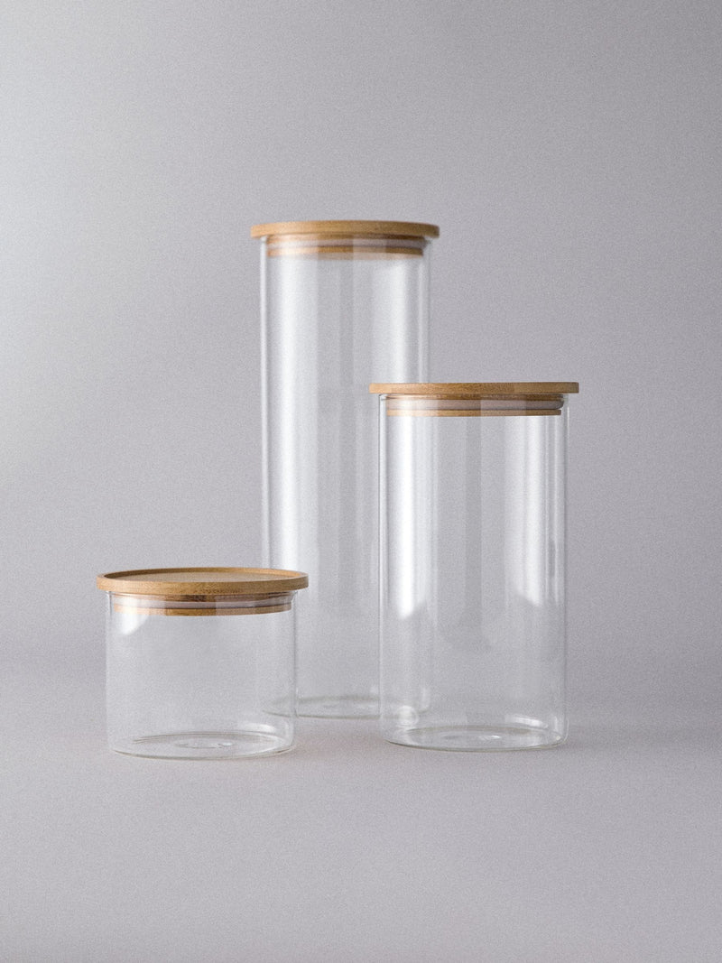Clear glass storage jars 3 pack wooden lids - British product