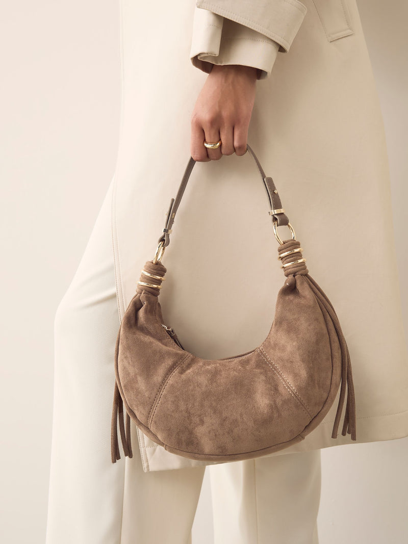 Faux suede sling shoulder bag tan brown - British product