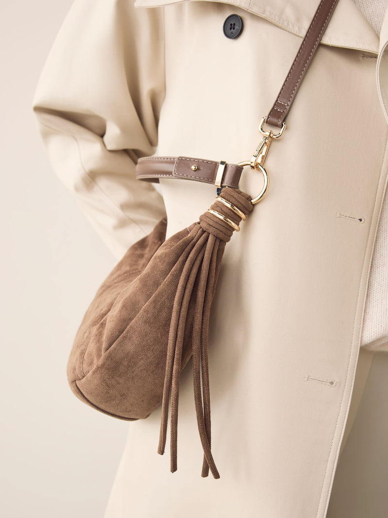 Faux suede sling shoulder bag tan brown - British product