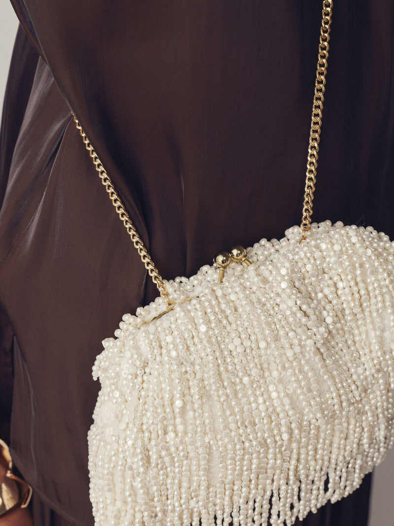 White Embellished Fringe Clutch Bag