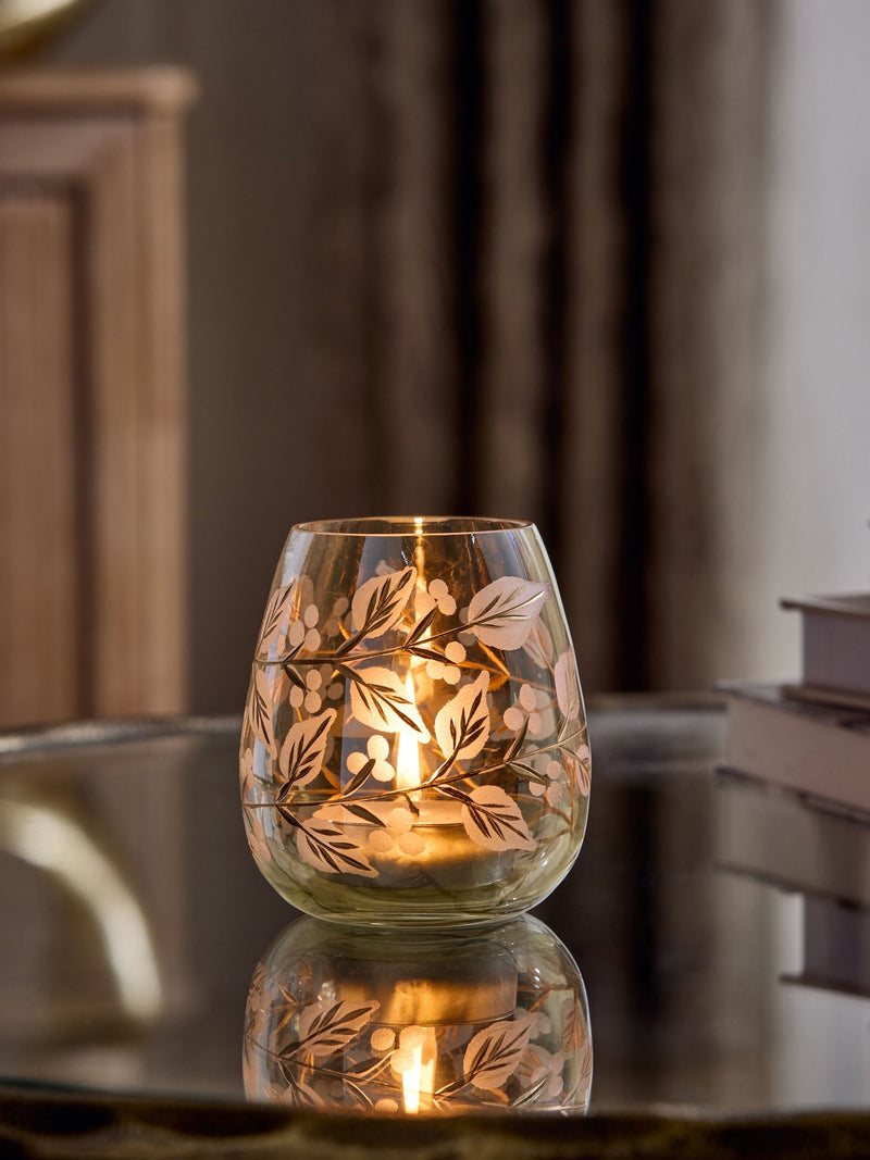 Glass tealight holder with gold etched leaf pattern 11.5cm, UK version
