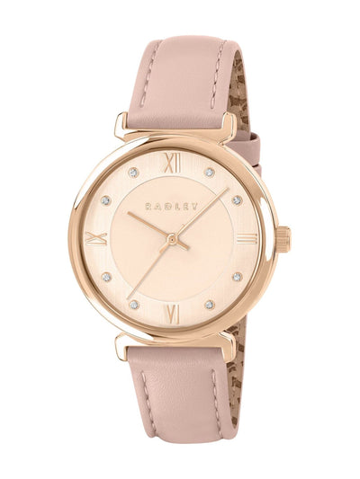 Next Radley Pink Rose Gold Tone T-Bar Praire Leather Strap Watch 35mm- Buy online at McGrocer
