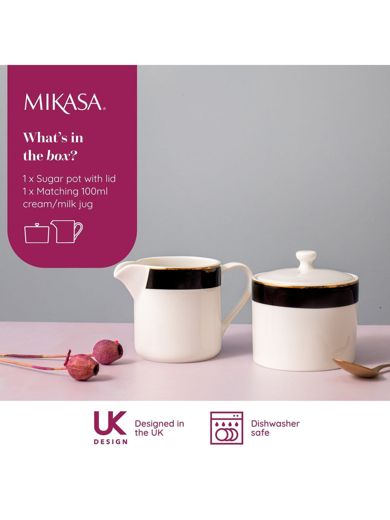 Mikasa White Luxe Deco ceramic milk jug and sugar bowl set, imported from the UK