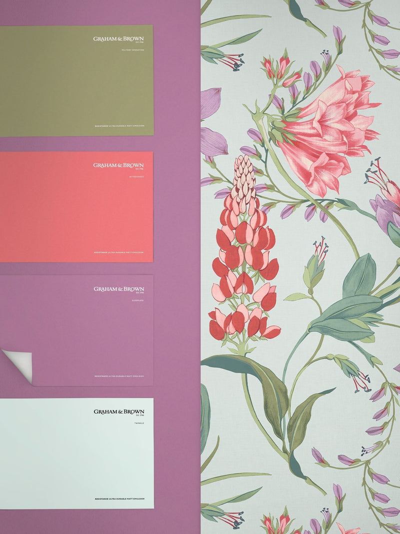 Graham & Brown duck egg Botanists Scroll wallpaper sample A4 (British brand)
