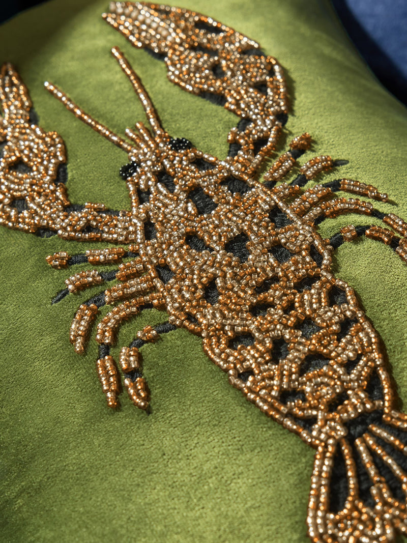 Green velvet embellished lobster cushion 50x30cm (British brand)