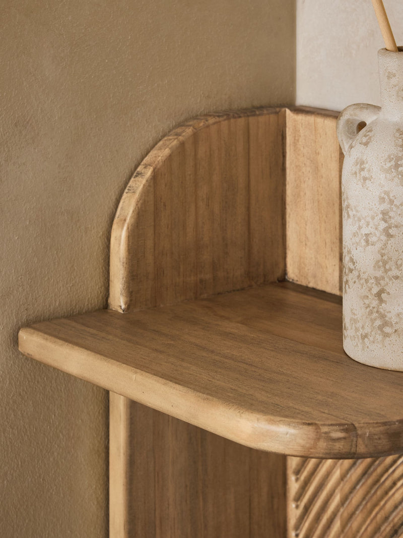 Neutral carved wood corner shelf display piece, UK version