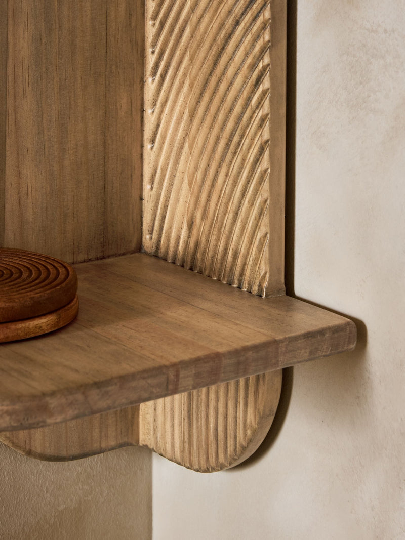 Neutral carved wood corner shelf display piece, UK version