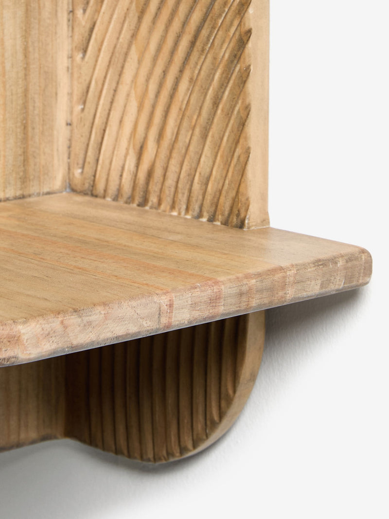 Neutral carved wood corner shelf display piece, UK version