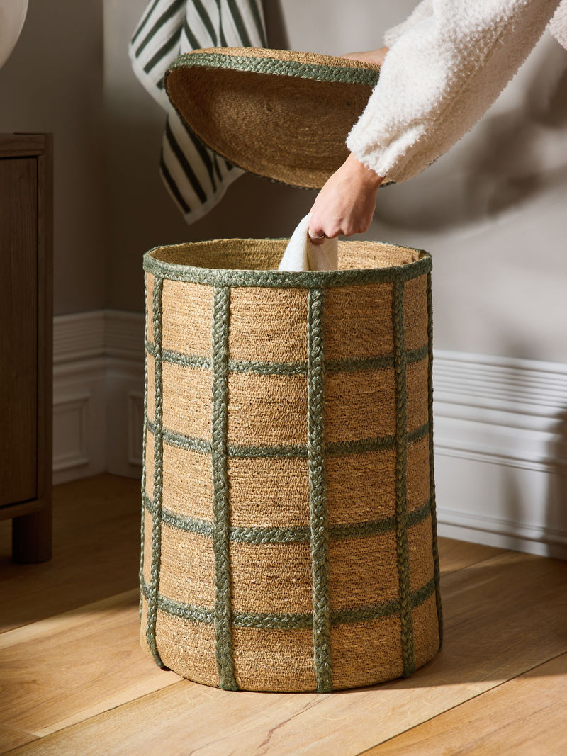 Seagrass laundry basket sage green check with lid and handles, imported from the UK