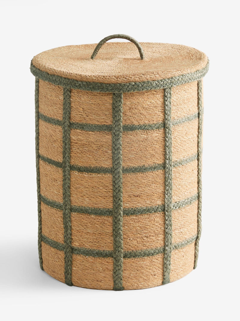 Seagrass laundry basket sage green check with lid and handles, imported from the UK