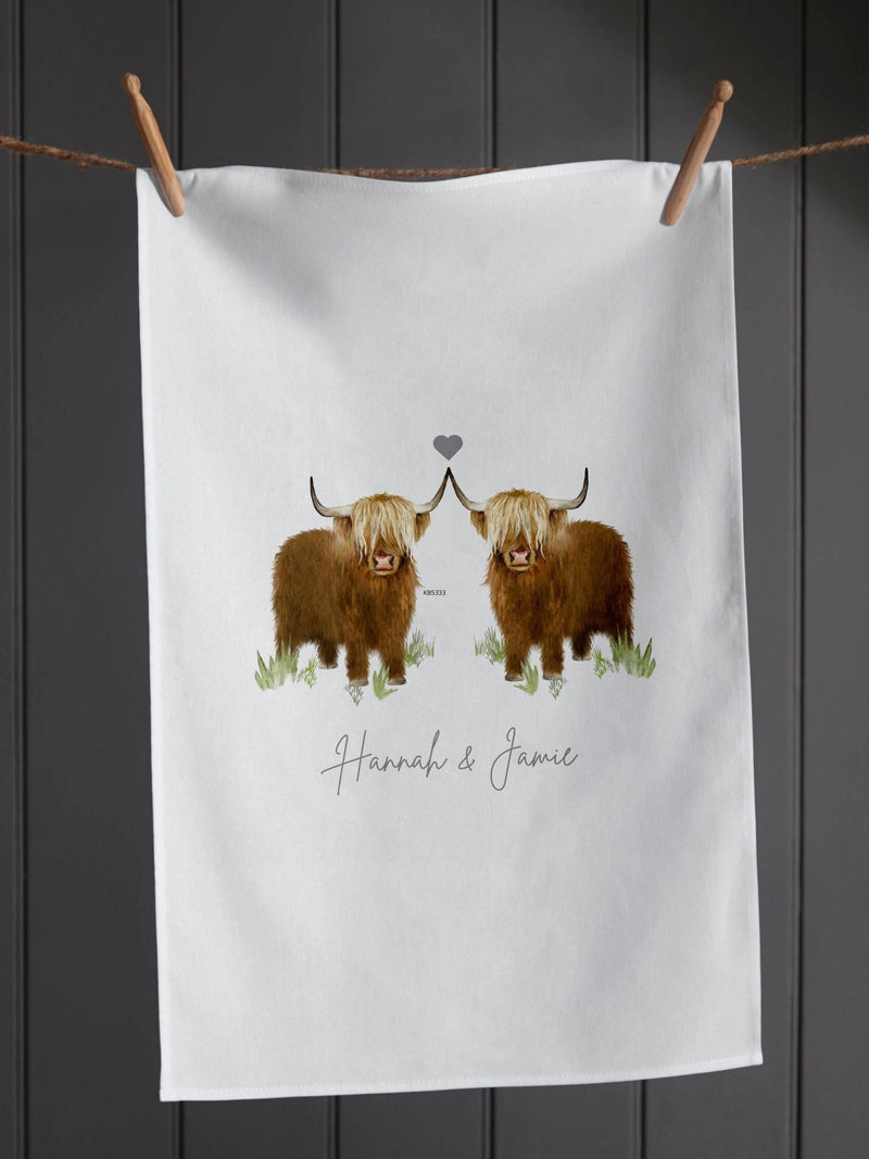 Koko Blossom personalised couples highland cow tea towel, imported from the UK