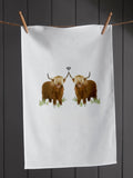 Koko Blossom personalised couples highland cow tea towel, imported from the UK