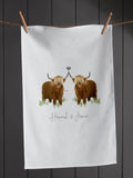 Koko Blossom personalised couples highland cow tea towel, imported from the UK