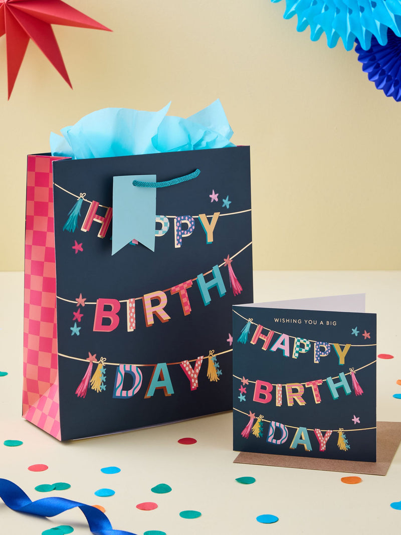 Navy medium bunting gift bag set with tissue paper and card, UK version