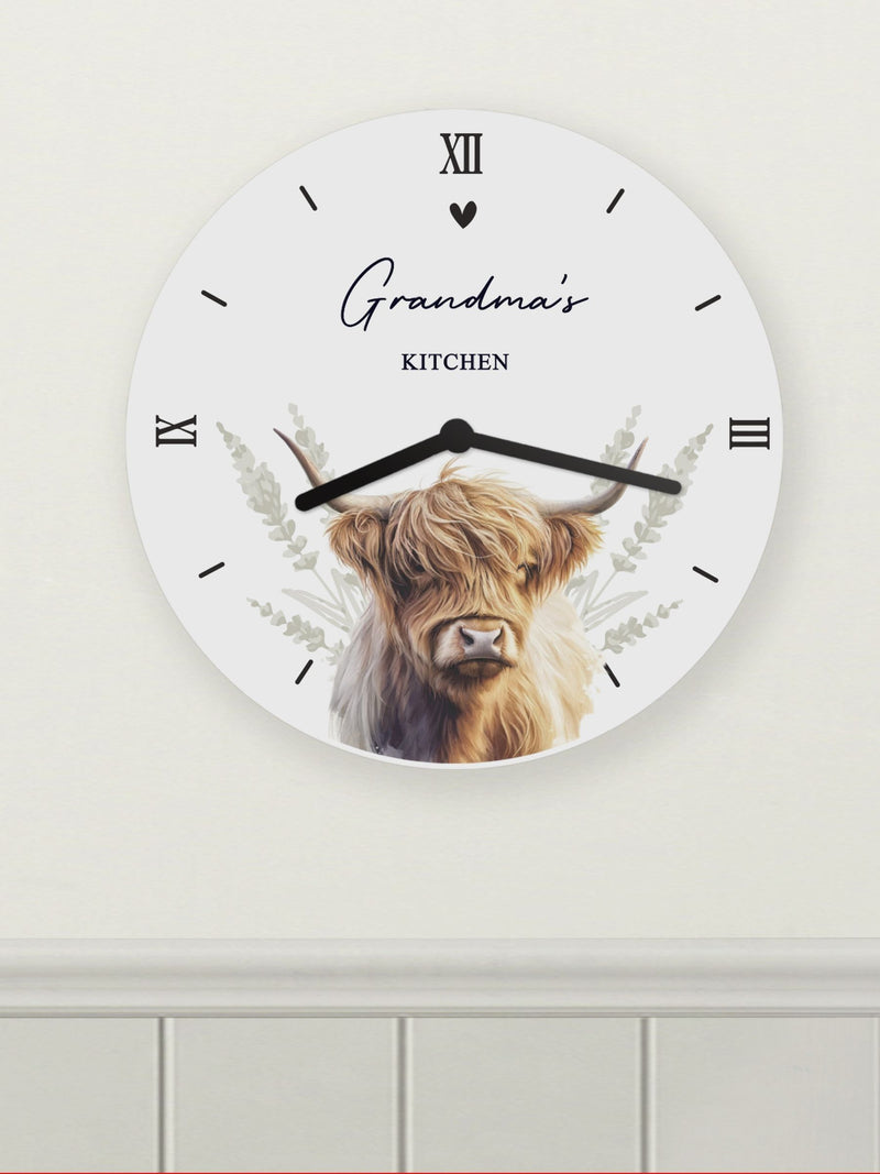 PMC Personalised Highland Cow Wooden Clock 25cm, imported from the UK