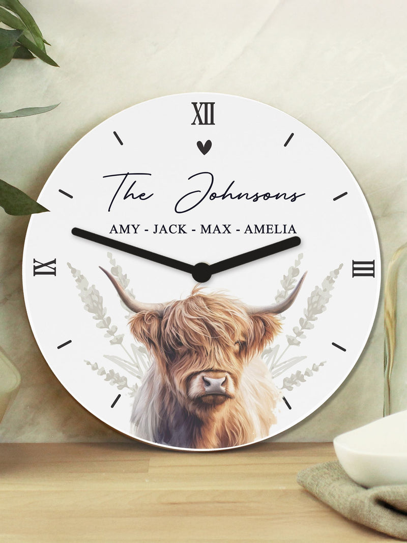 PMC Personalised Highland Cow Wooden Clock 25cm, imported from the UK