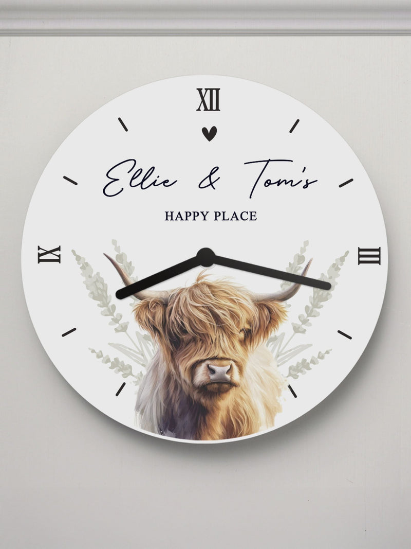 PMC Personalised Highland Cow Wooden Clock 25cm, imported from the UK