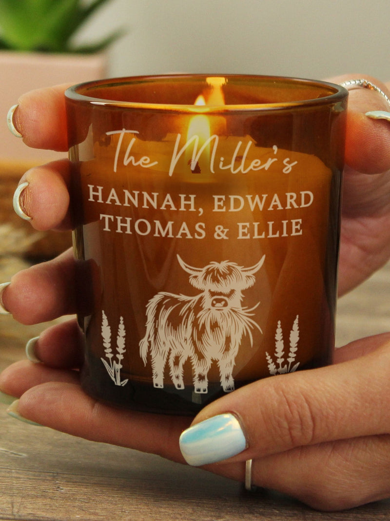 PMC personalised Highland cow amber glass candle, imported from the UK