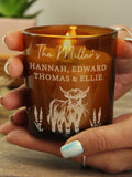 PMC personalised Highland cow amber glass candle, imported from the UK