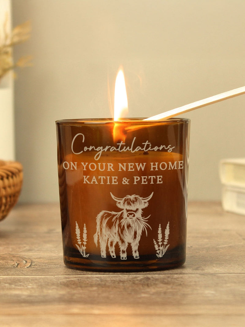 PMC personalised Highland cow amber glass candle, imported from the UK