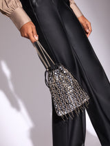 Next Lipsy Black Sequin Fringe Satin Pouch Bag- Buy online at McGrocer