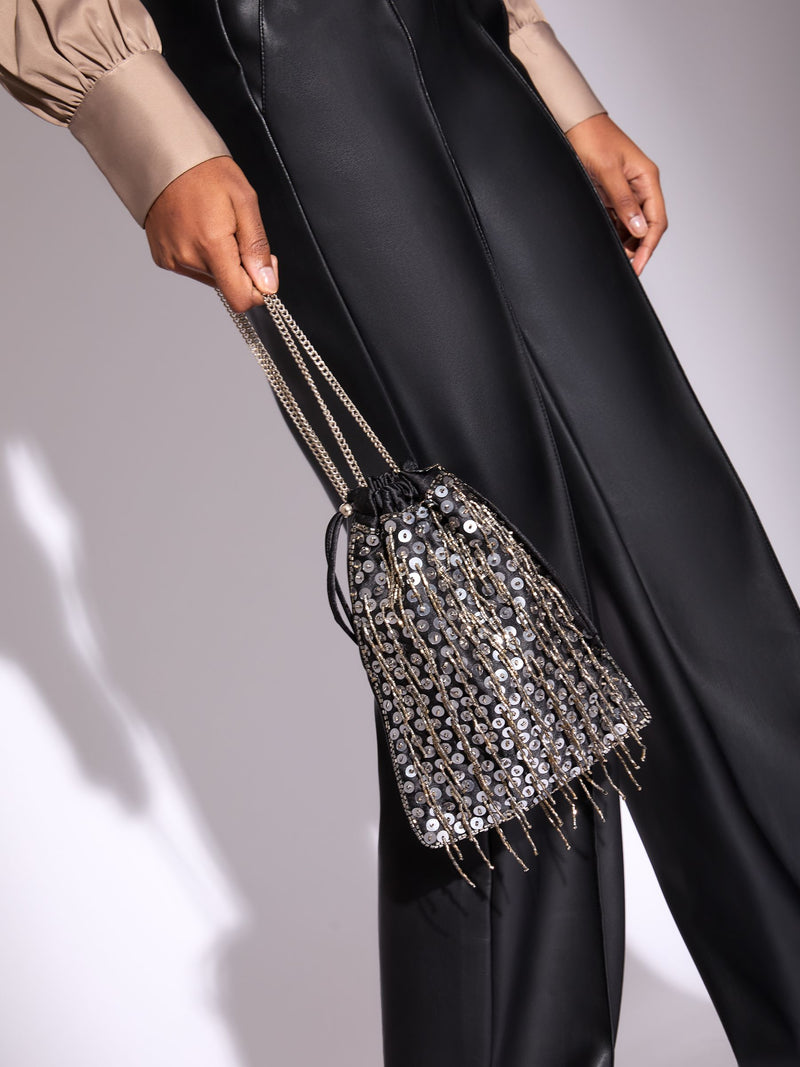 Lipsy black sequin fringe satin pouch bag, UK version