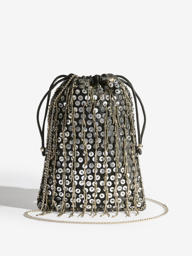 Lipsy black sequin fringe satin pouch bag, UK version