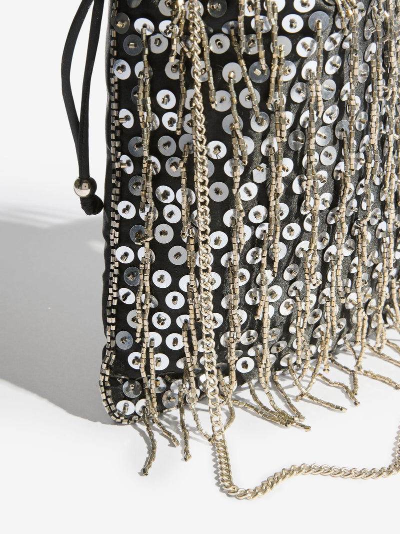 Lipsy black sequin fringe satin pouch bag, UK version