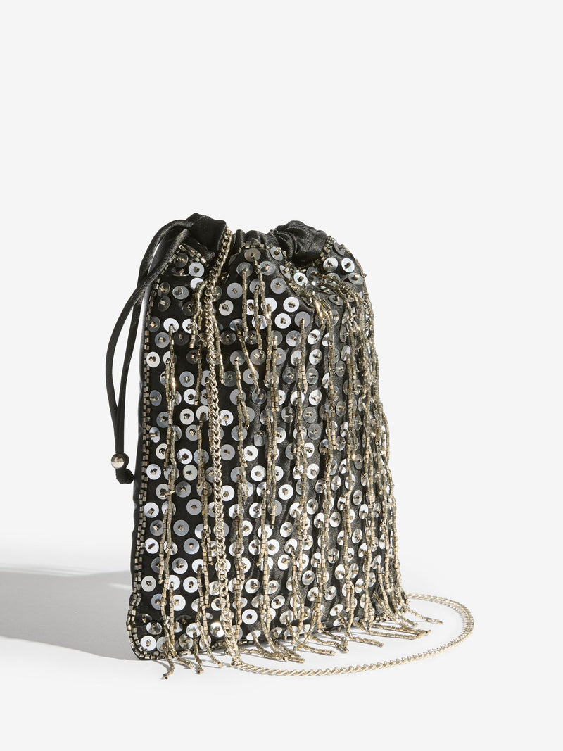 Lipsy black sequin fringe satin pouch bag, UK version