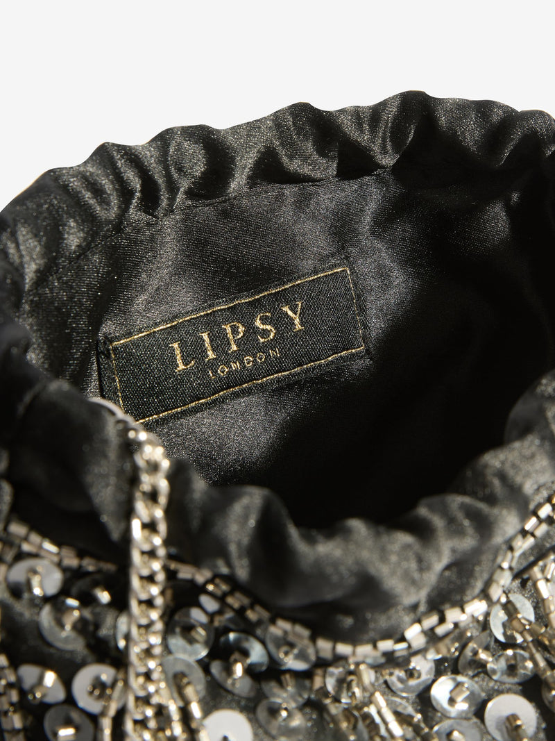 Lipsy black sequin fringe satin pouch bag, UK version