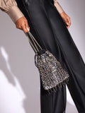 Lipsy black sequin fringe satin pouch bag, UK version
