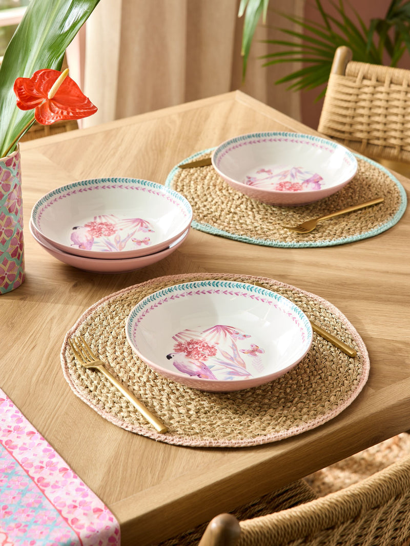 Pasta bowls set of 4, pink floral tropical bird design (British brand)