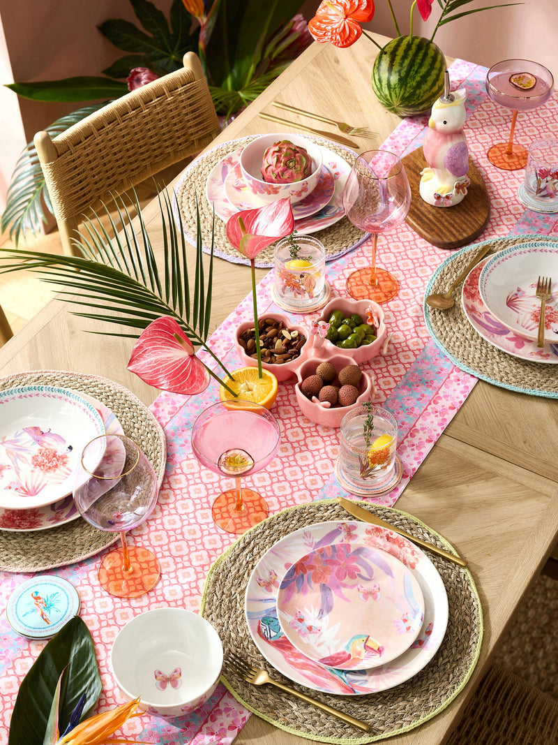 Pasta bowls set of 4, pink floral tropical bird design (British brand)