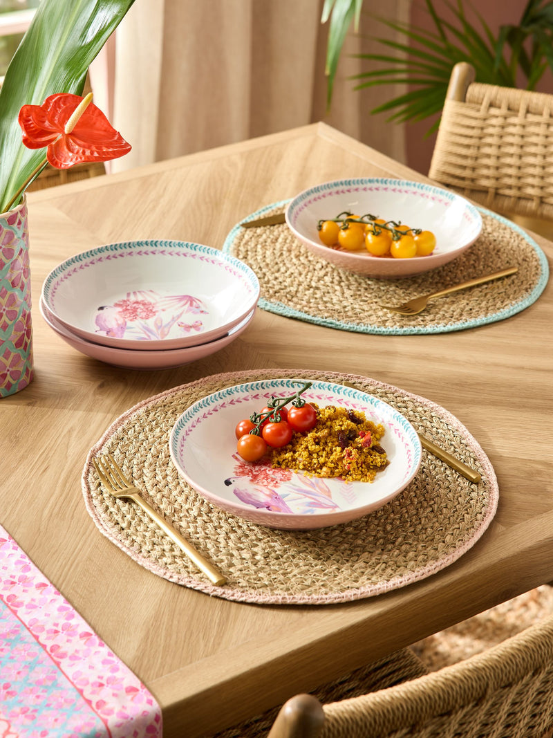 Pasta bowls set of 4, pink floral tropical bird design (British brand)