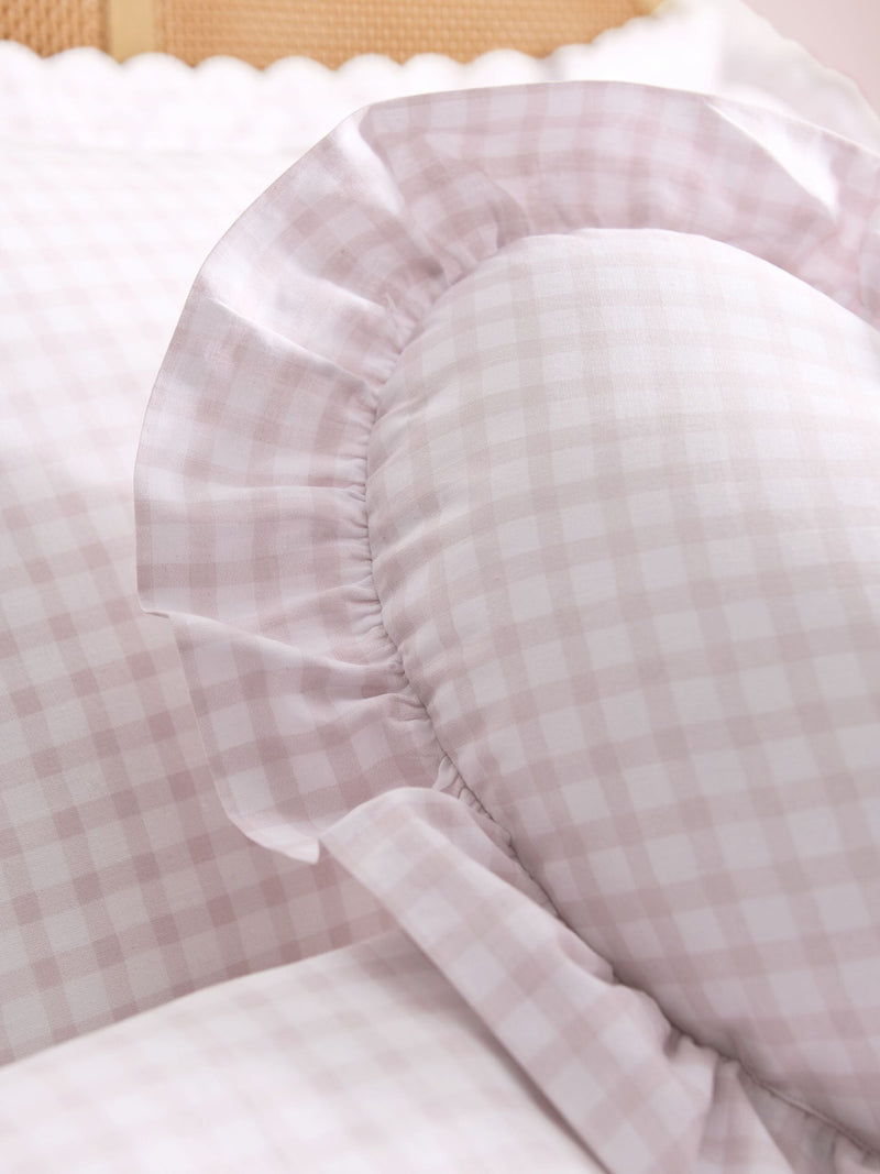 Pink ruffle gingham heart cushion, UK version
