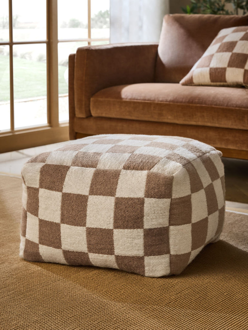 Natural woven check cube pouffe in wool blend (British brand)
