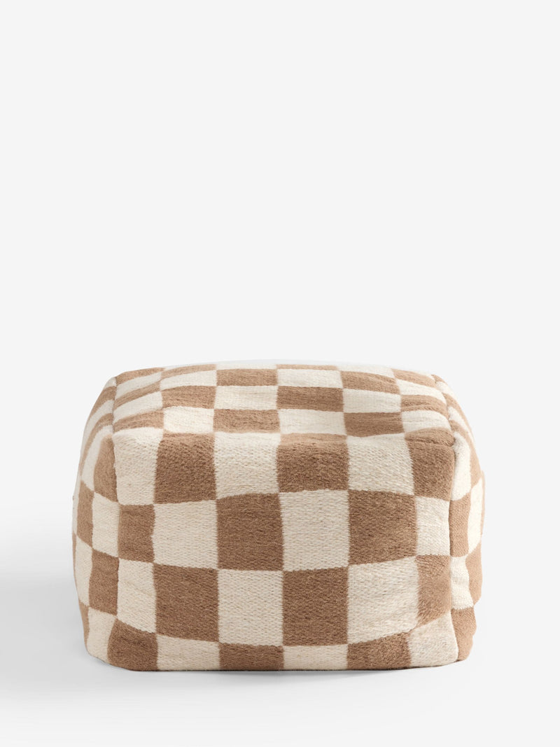 Natural woven check cube pouffe in wool blend (British brand)