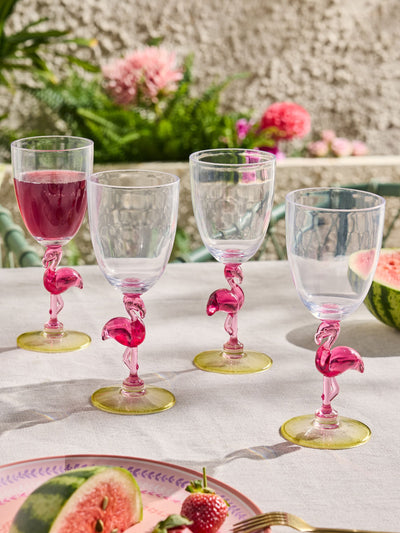 Next Set of 4 Pink/Yellow Flamingo Picnic Acrylic Wine Glasses- Buy online at McGrocer