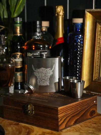 Next Selbrae House Brown silver Highland Cow Hip Flask and Cup Set- Buy online at McGrocer