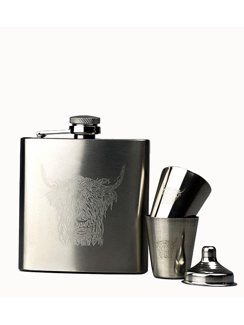 Selbrae House Highland Cow hip flask set with cups and gift box (British brand)