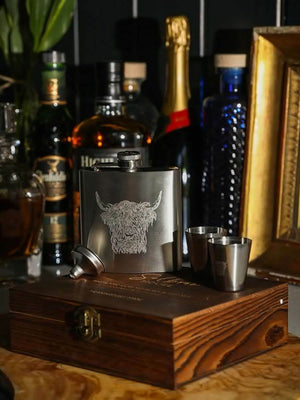 Selbrae House Brown silver Highland Cow Hip Flask and Cup Set