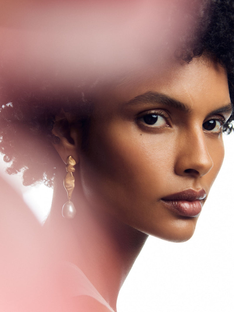 Reiss gold tone Margot faux pearl drop earrings 6cm, imported from the UK