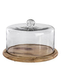 Nkuku glass cake dome stand mango wood base, imported from the UK