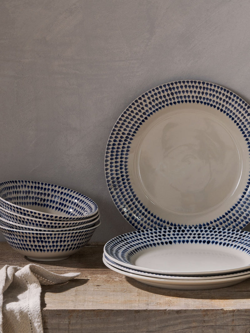 Nkuku Cream Indigo Drop ceramic dinnerware set 12-piece, imported from the UK