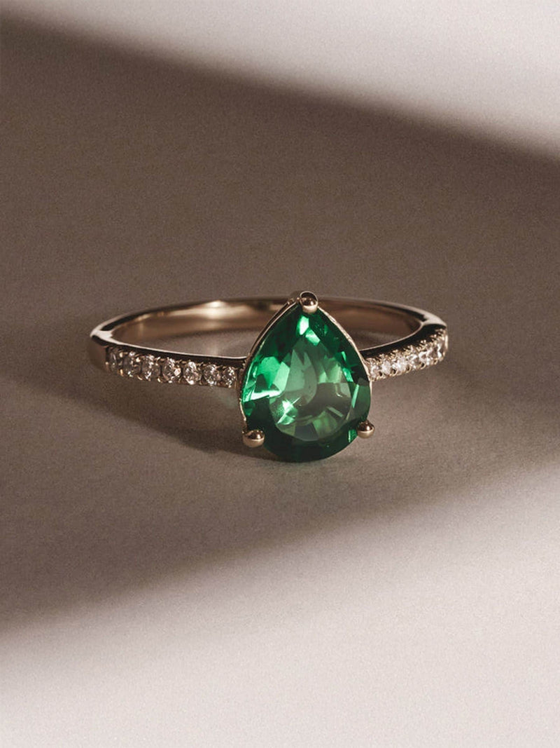 The Diamond Store Astra pear cut lab emerald and diamond ring, imported from the UK
