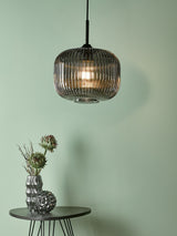 Next Dar Lighting Demarius Matt Black Smoked Ribbed Glass Pendant Ceiling Light- Buy online at McGrocer