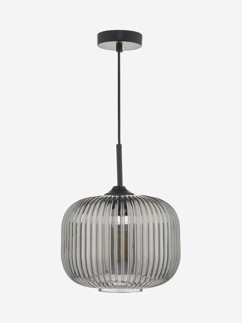 Dar Lighting pendant ceiling light matt black smoked ribbed glass, imported from the UK