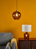 Dar Leandra pendant light amber glass antique brass, UK version