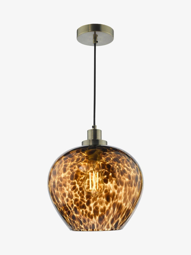 Dar Leandra pendant light amber glass antique brass, UK version