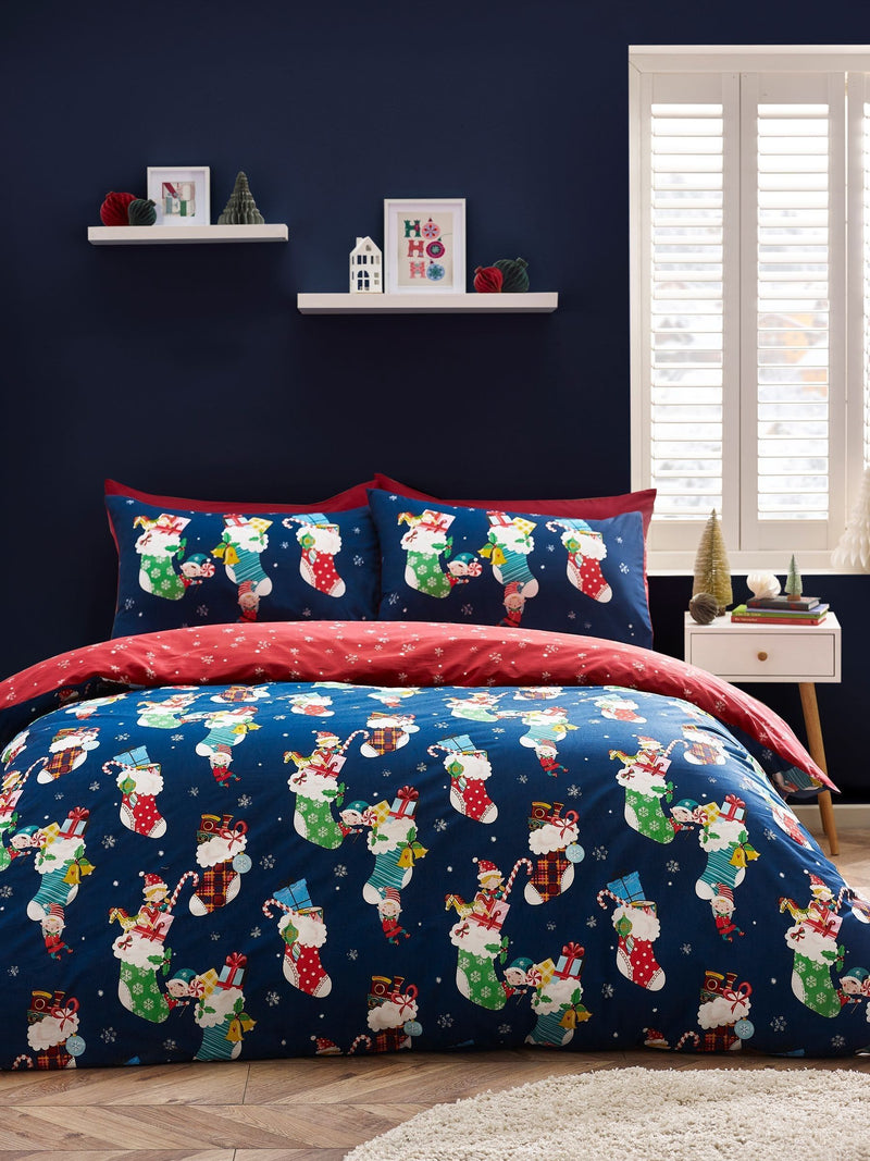 Catherine Lansfield Navy Christmas Elves Cotton Rich Duvet Cover Set